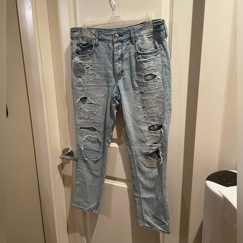 American Eagle Distressed Denim Button Fly Blue Jeans Unique Patched